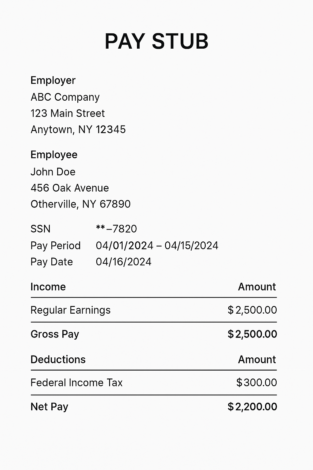 Minimalist black-and-white pay stub, modern payroll document layout.