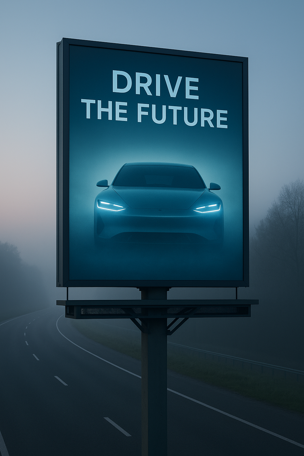 Futuristic car billboard on misty highway — modern automotive advertisement.