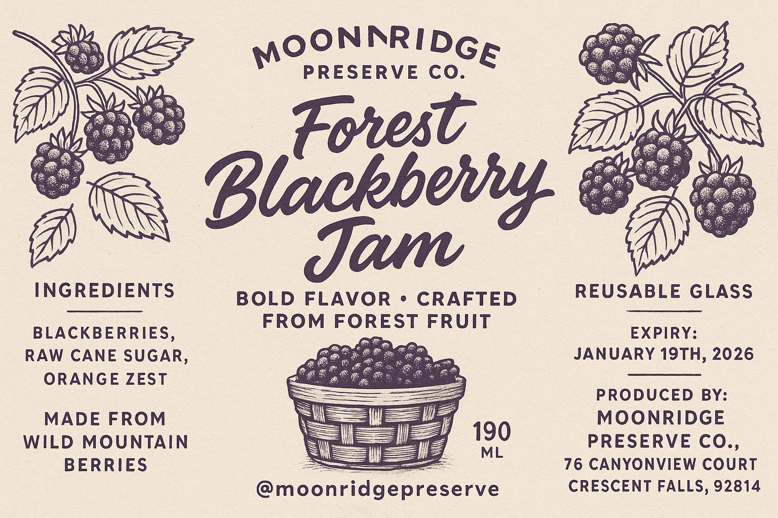 Full-bleed 16:9 blackberry jam label — deep purple and beige color palette, Moonridge Preserve artisan tri-panel layout.