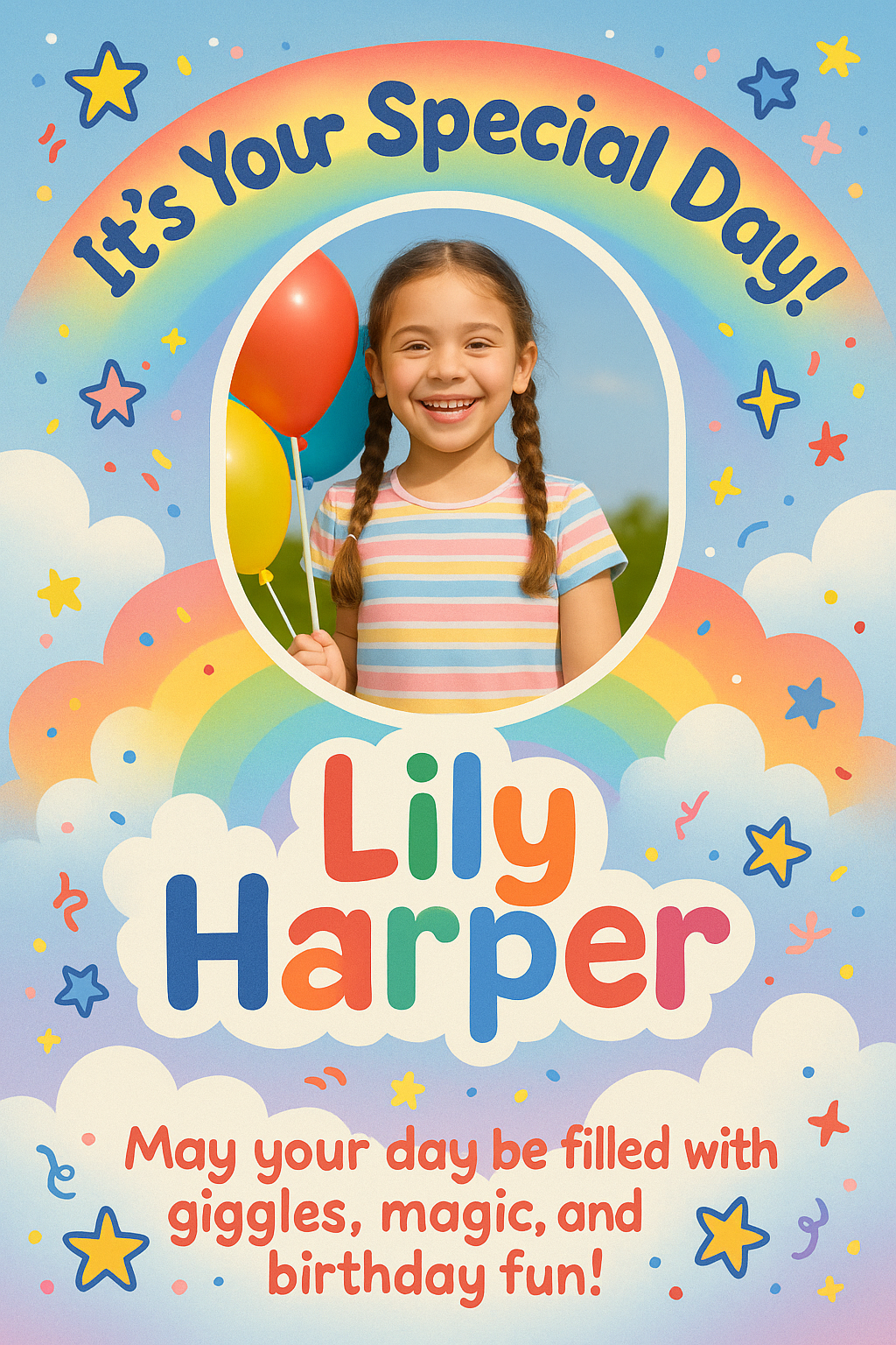 Full-bleed portrait birthday card — rainbow theme, cheerful child design with balloons, clouds, and colorful lettering.