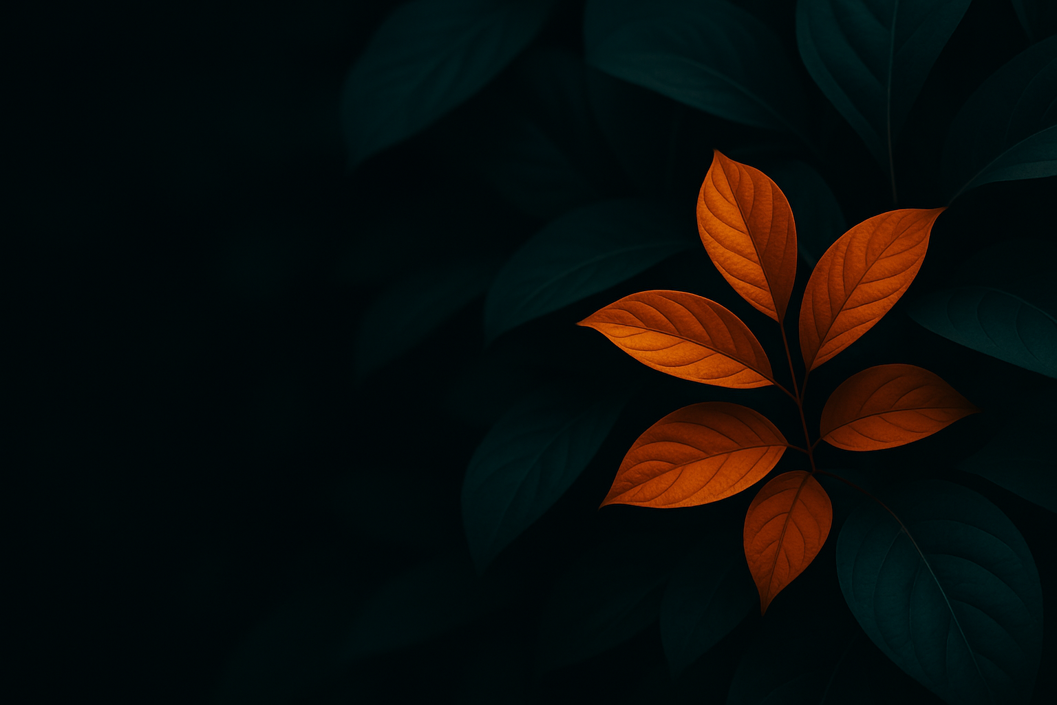 Minimal botanical macro wallpaper — orange leaves in teal foliage, cinematic lighting, dark modern composition.