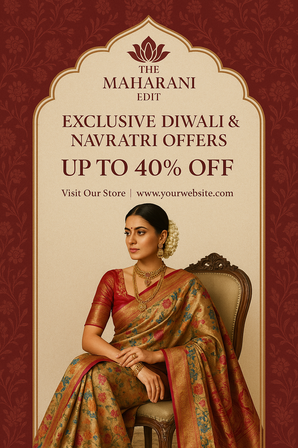 Royal Diwali fashion sale poster — maroon background, arch frame, elegant model, festive typography.