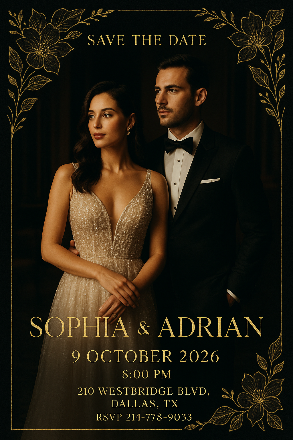 Full-bleed portrait wedding save-the-date card – Sophia & Adrian, luxurious black and gold design with floral foil accents