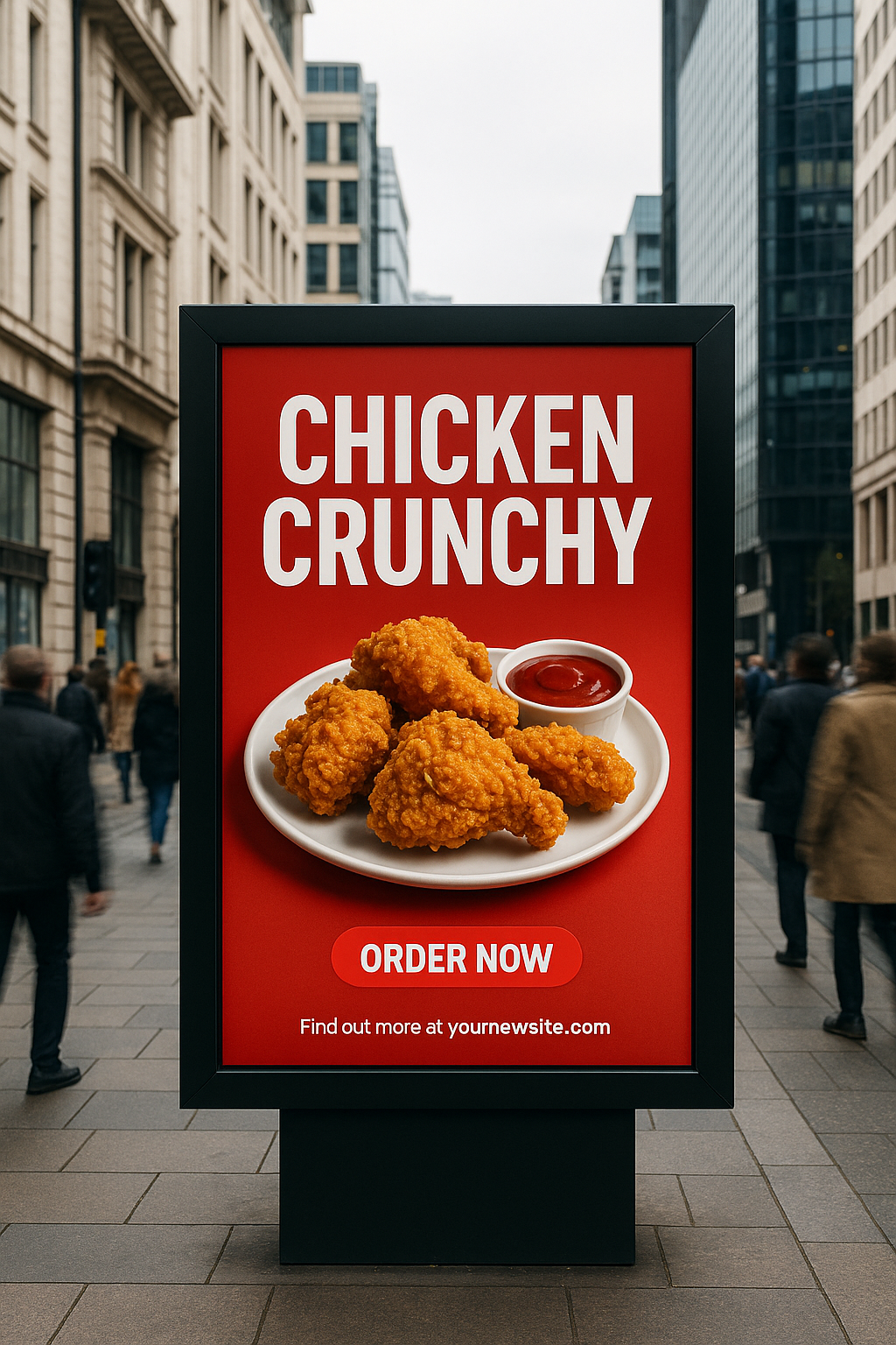Urban street portrait billboard featuring fried chicken food advertisement — realistic commercial mockup.