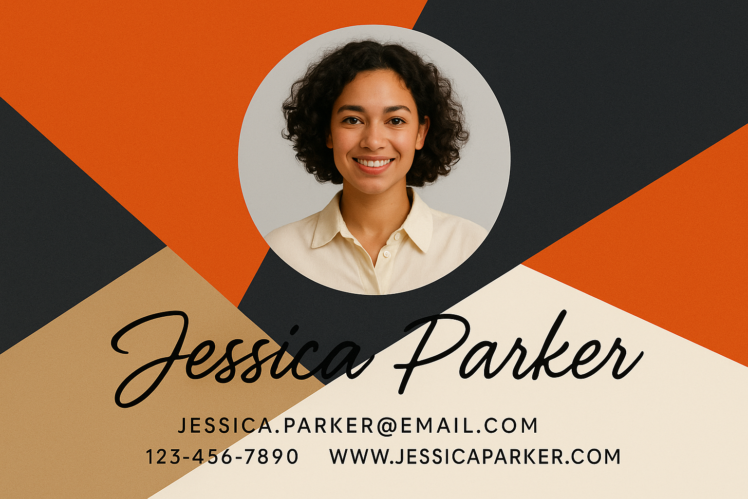 Full-bleed geometric landscape business card — bold orange and charcoal shapes, creative circular photo cutout, stylish modern layout.