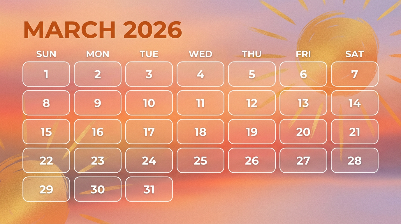 March 2026 landscape calendar — sunset gradient, soft lavender-peach tones, minimal abstract sun design.