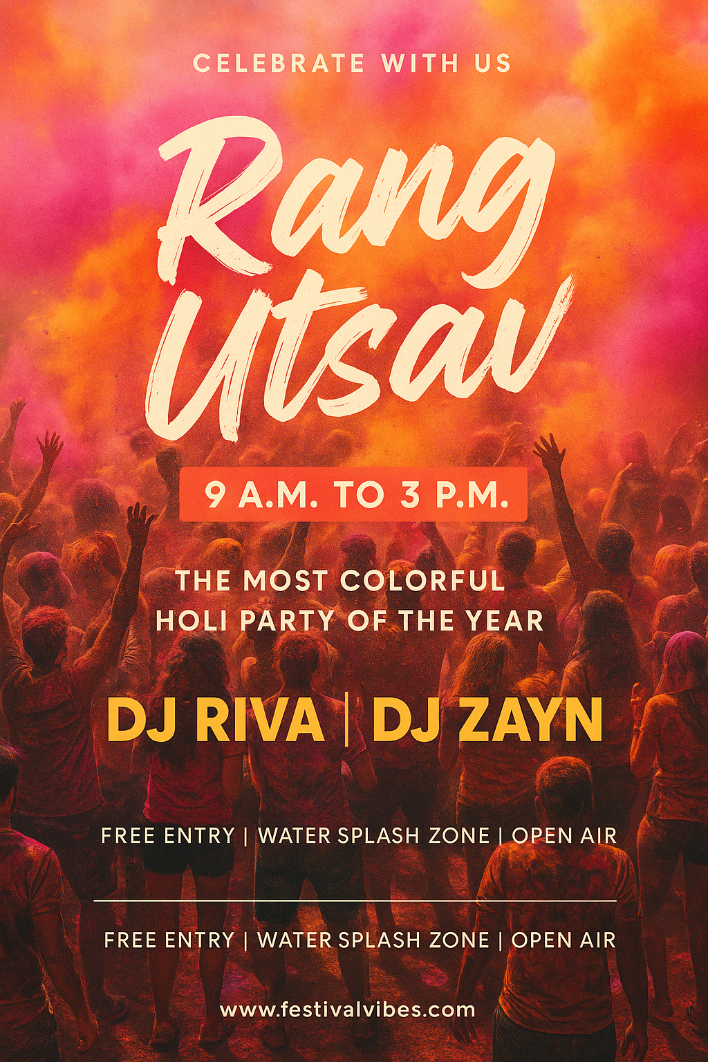 Full-bleed portrait Holi festival poster — Rang Utsav crowd scene with gulal powder, DJs, and vibrant colors.