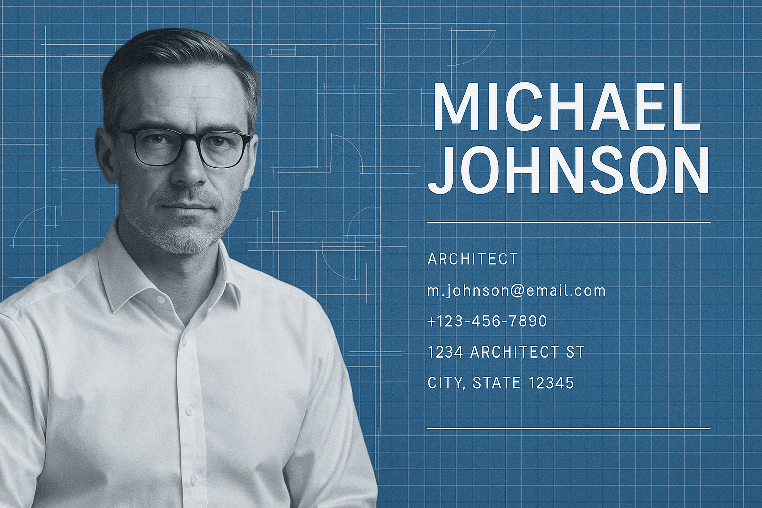 Full-bleed blueprint landscape business card — architectural grid design with monochrome portrait and minimal typography.