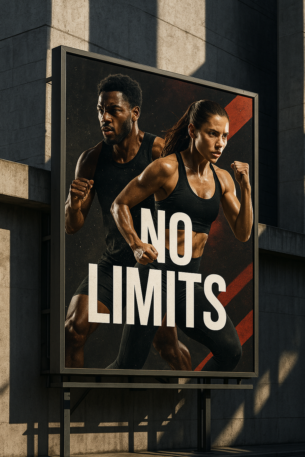 Fitness billboard ad — athletes training, bold 'NO LIMITS' branding, urban sports design.