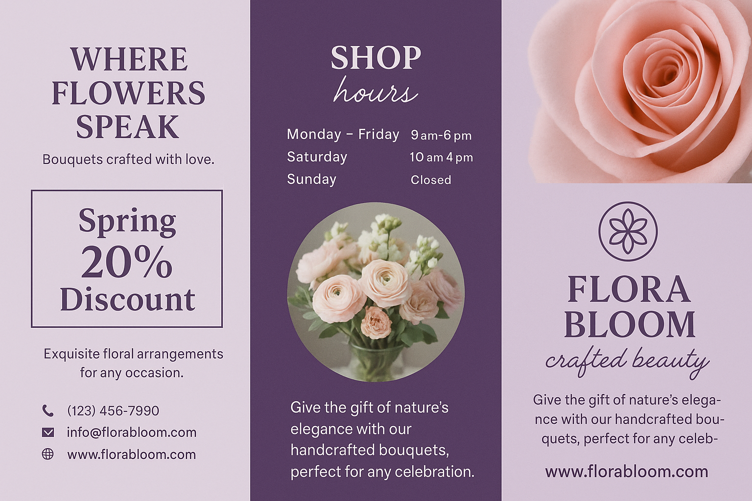 Full-bleed 16:9 floral tri-fold brochure — lavender and plum design, elegant flower shop theme with edge-to-edge composition.