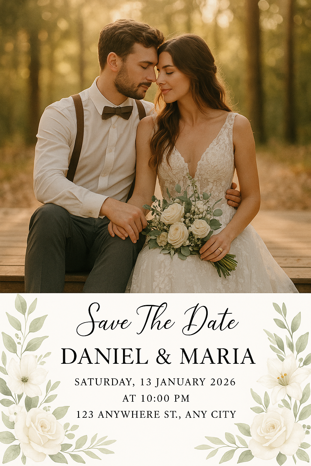 Full-bleed portrait wedding save-the-date card – Daniel & Maria, elegant forest deck setting with floral watercolor frame and premium typography