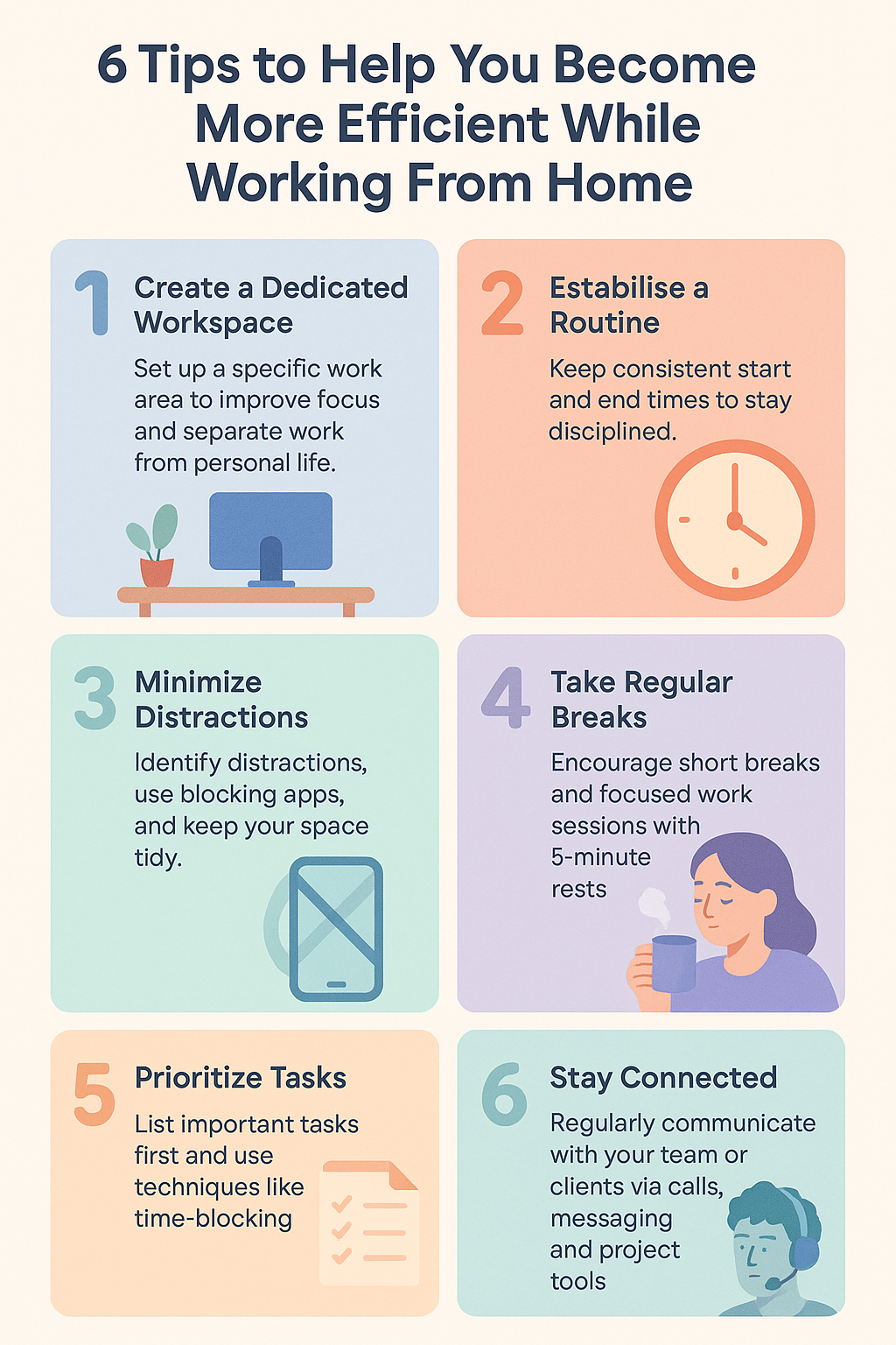 Colorful infographic — 6 tips for working from home efficiently, pastel design with icons.