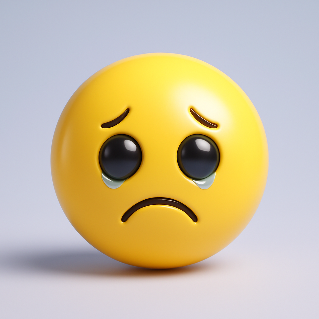 3D sad emoticon — glossy plastic face with teary eyes, cool pastel tones, minimal square render.