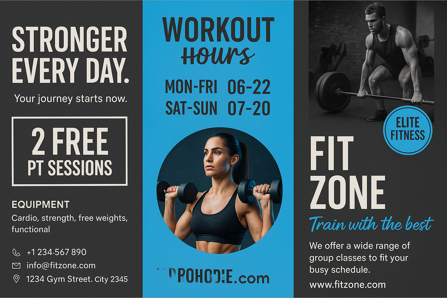 Full-bleed 16:9 fitness tri-fold brochure — charcoal and neon-blue design with equal panels, modern gym branding, and edge-to-edge layout.