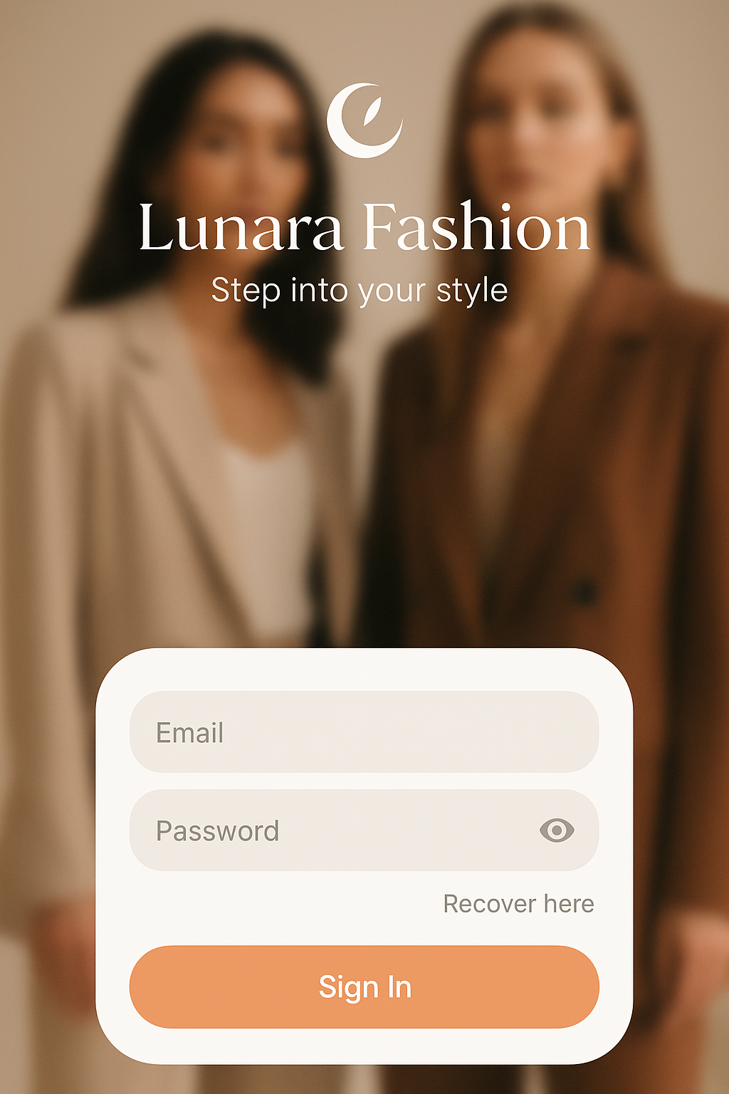 Fashion app login screen — minimal design, beige blur background, white UI card, orange sign-in button.