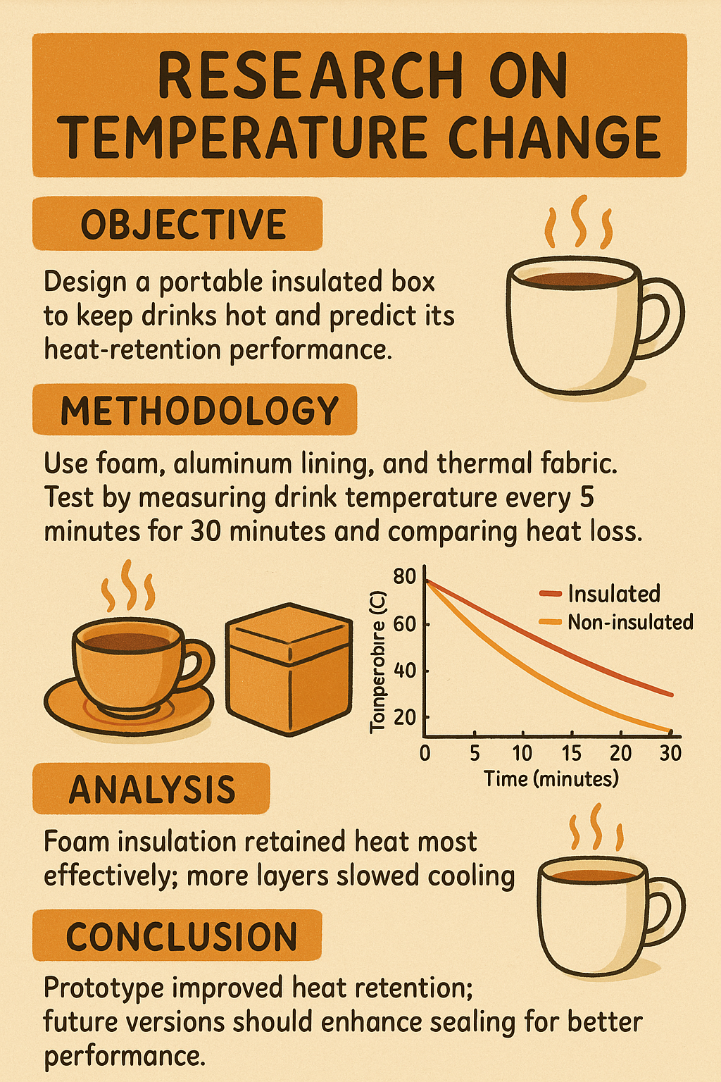 Playful research poster — insulated box heat retention study, orange headers, line graph illustration.