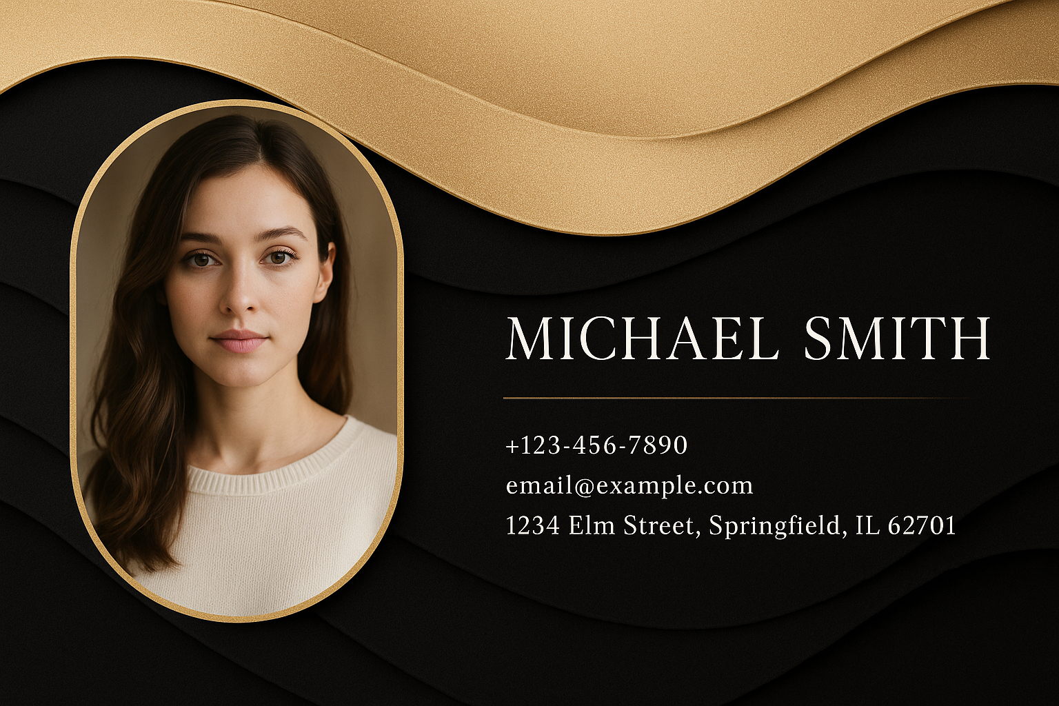 Full-bleed landscape business card — champagne gold and matte black wave motif with portrait photo and elegant serif details.