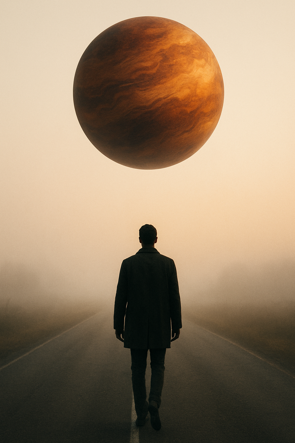 Surreal misty road wallpaper — lone man under glowing planet, cinematic warm fog, minimal sci-fi vibe.