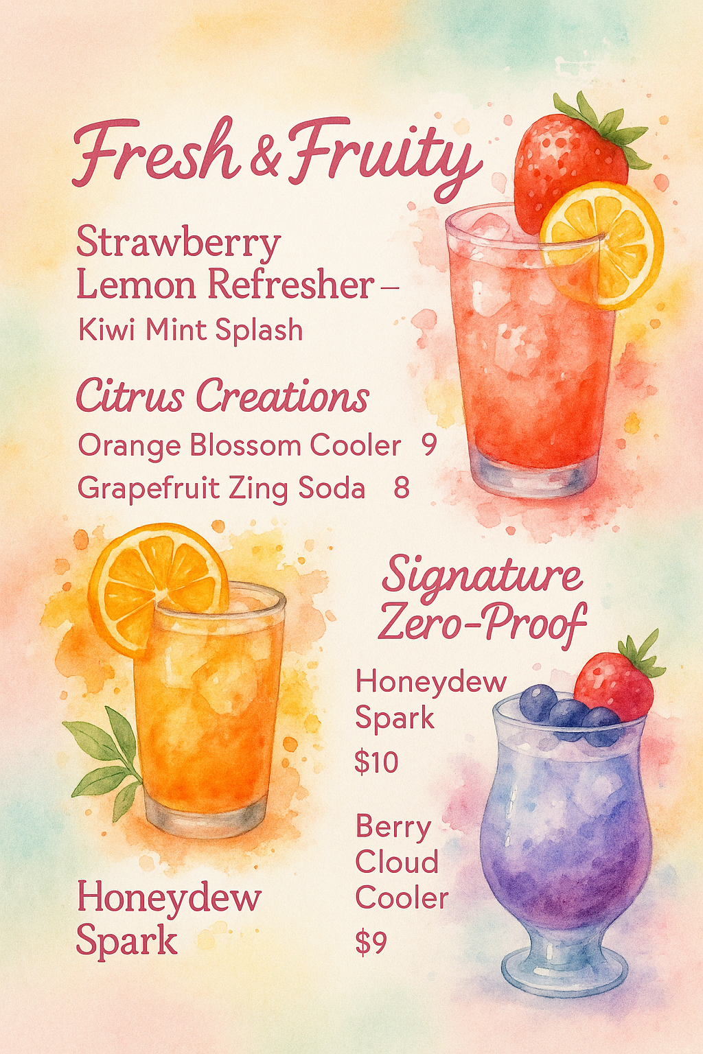Full-bleed portrait mocktail menu — Pastel watercolor with fruity splashes, zero-proof creative drink layout.