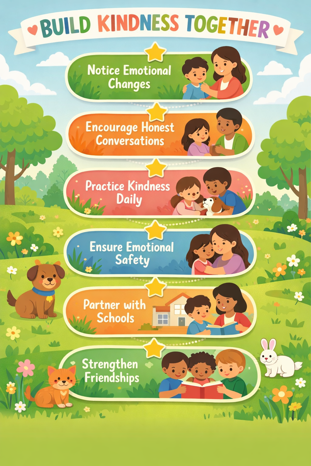 Child safety and emotional well-being poster — Build Kindness Together, soft pastel vector children and caregivers outdoors.
