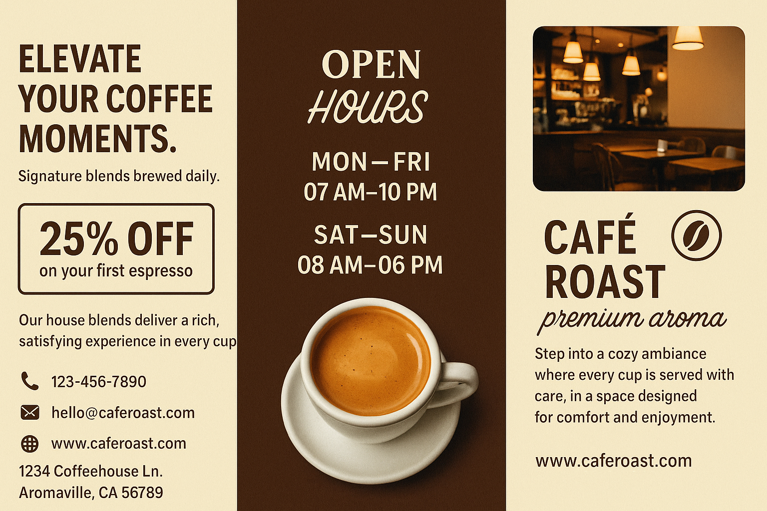 Full-bleed 16:9 coffee tri-fold brochure — cream and brown palette, elegant café branding with espresso imagery.