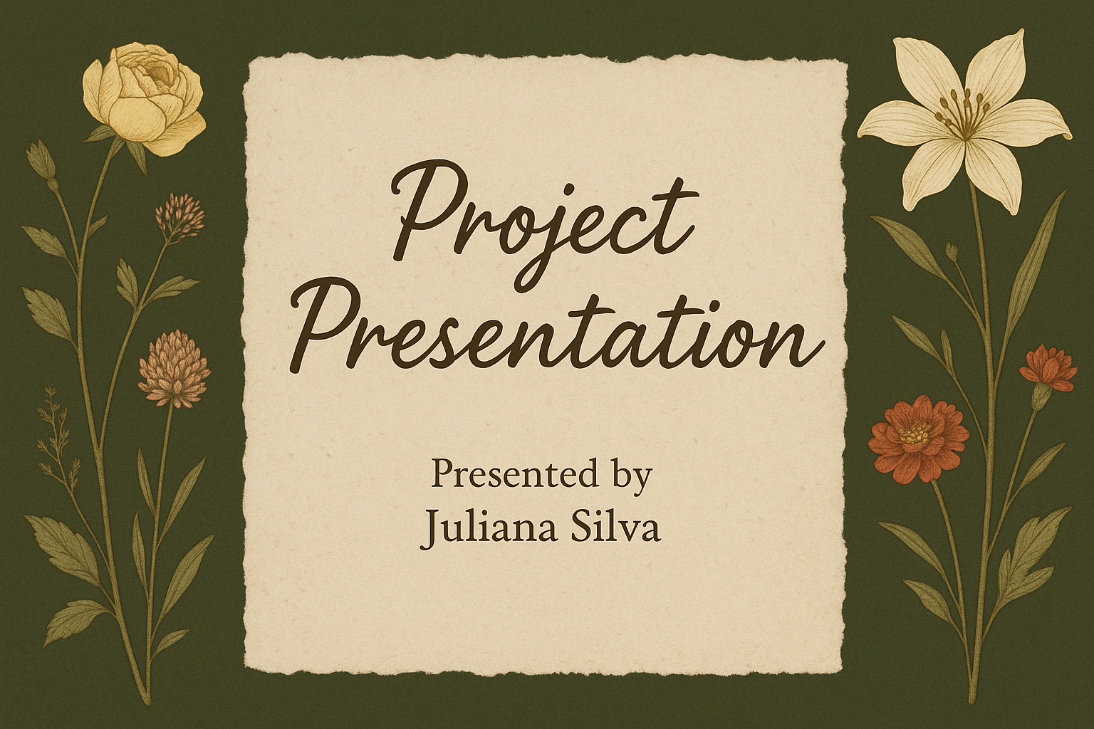 Vintage botanical presentation cover — olive background, handmade paper sheet, script Project Presentation title.