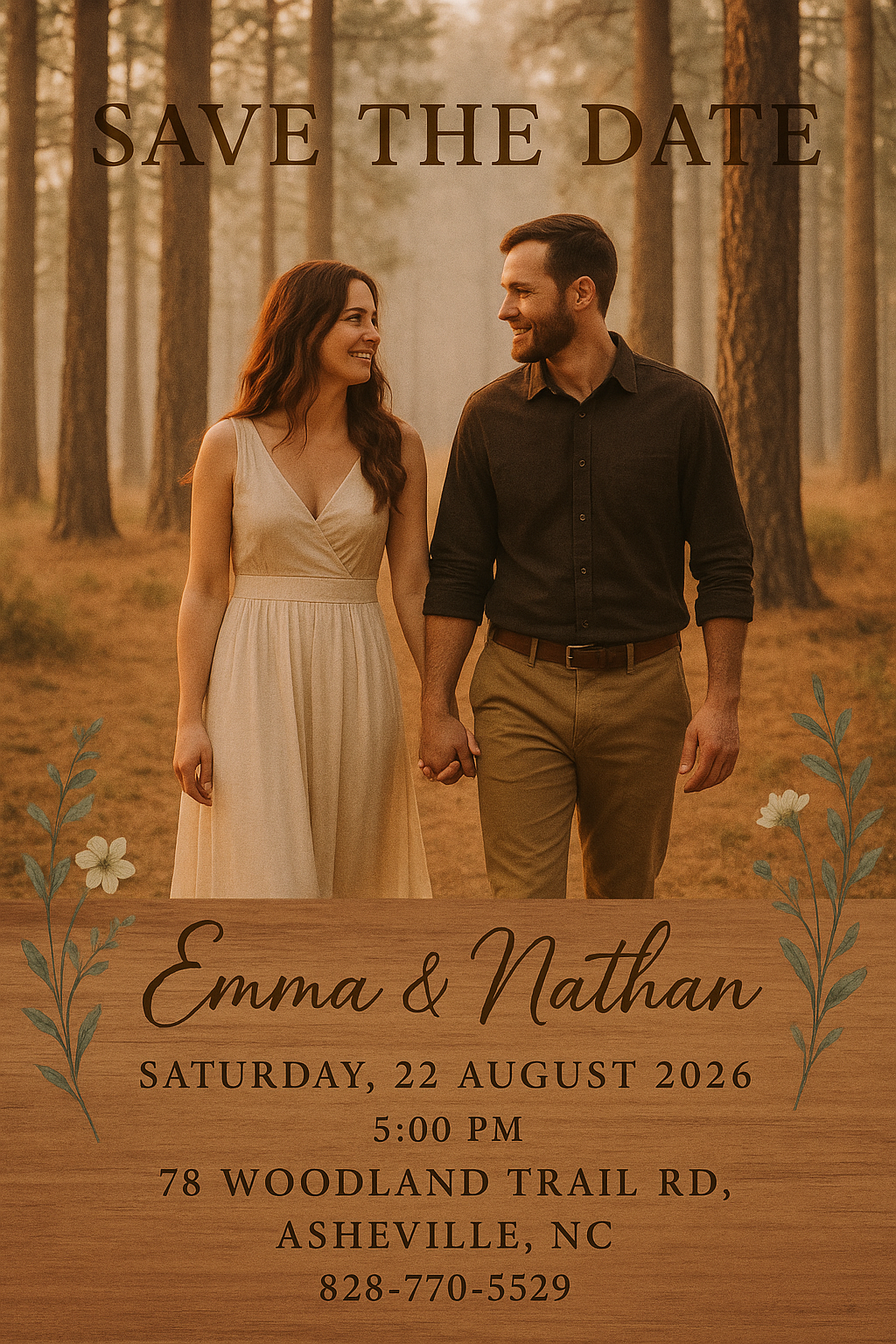 Full-bleed portrait rustic wedding save-the-date card – Emma & Nathan, forest walk at golden hour with wooden textures and wildflower illustrations