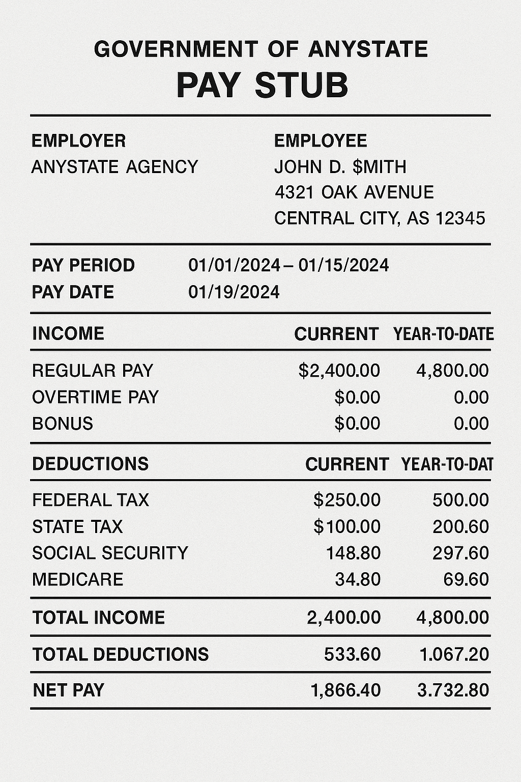 Government-style pay stub, formal monochrome payroll layout.