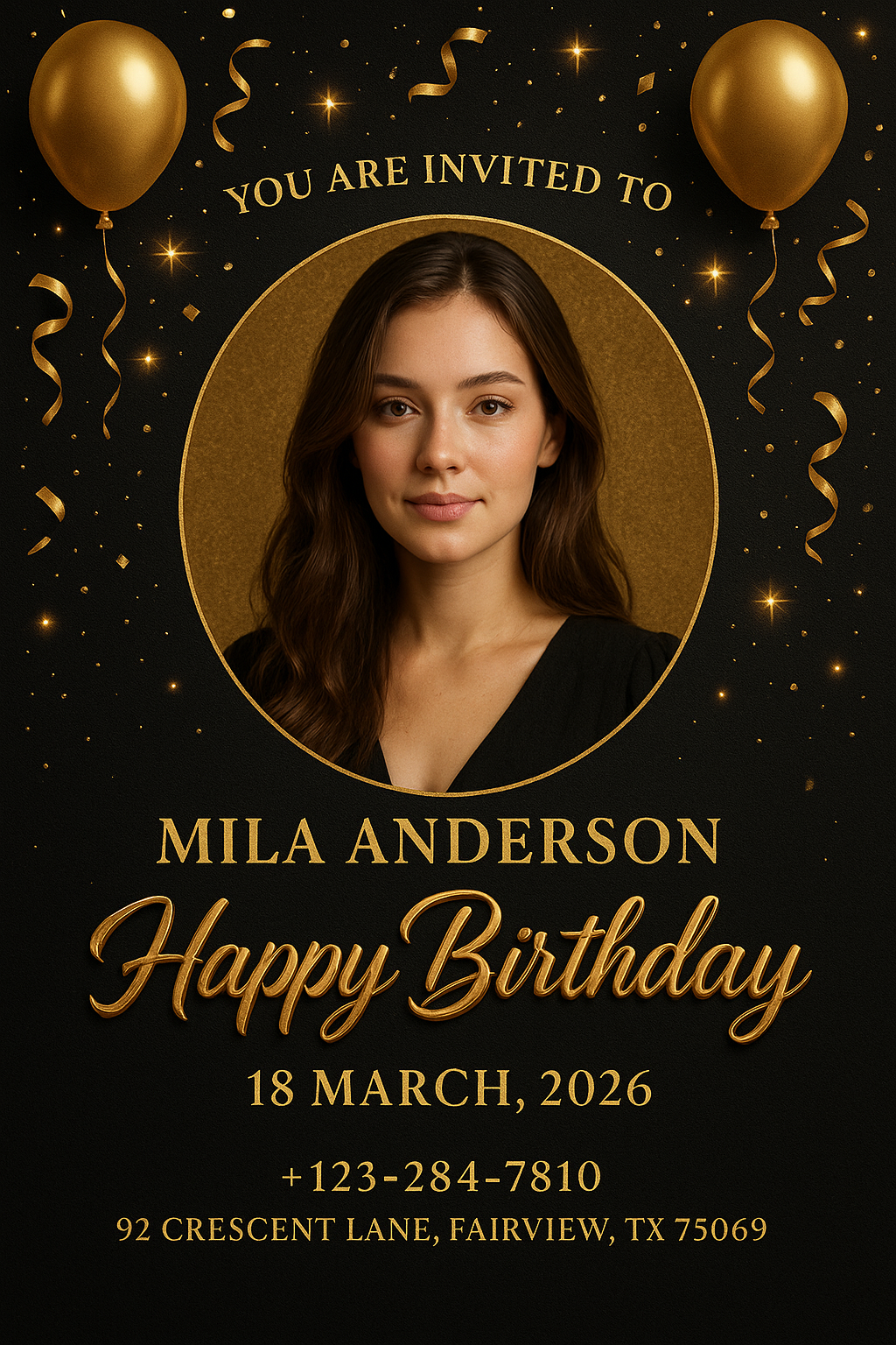Full-bleed portrait birthday invitation — Mila Anderson, black-and-gold luxury design with balloons, gold confetti, and circular photo frame.
