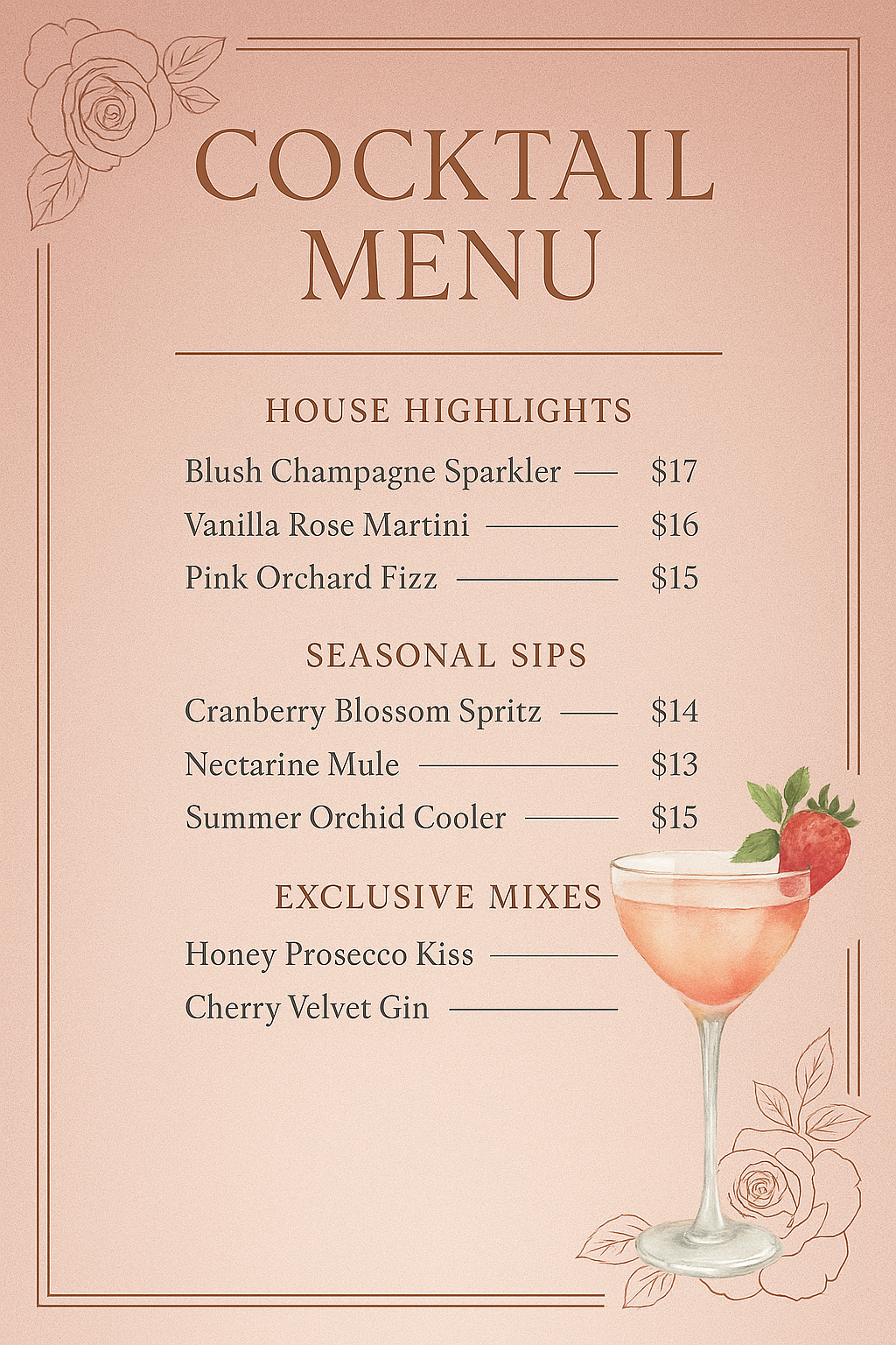 Full-bleed portrait cocktail menu — Rose-gold gradient with roses and luxury metallic layout, elegant signature drinks list.