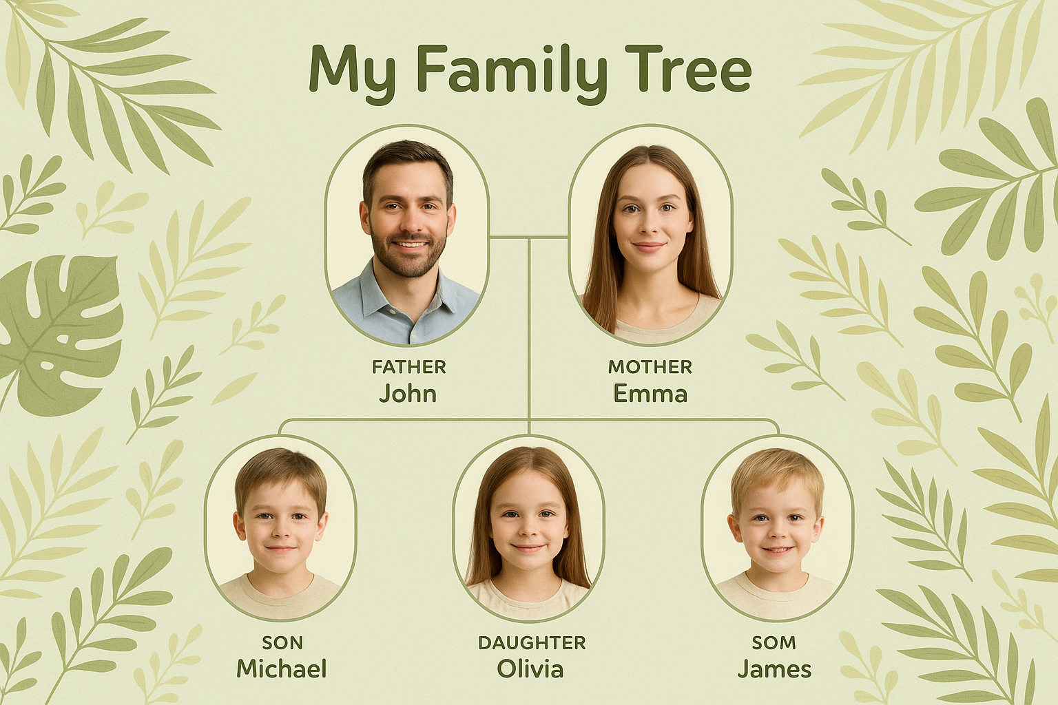 Pastel green family tree poster — parents and children photos, tropical leaves, child-friendly educational layout.