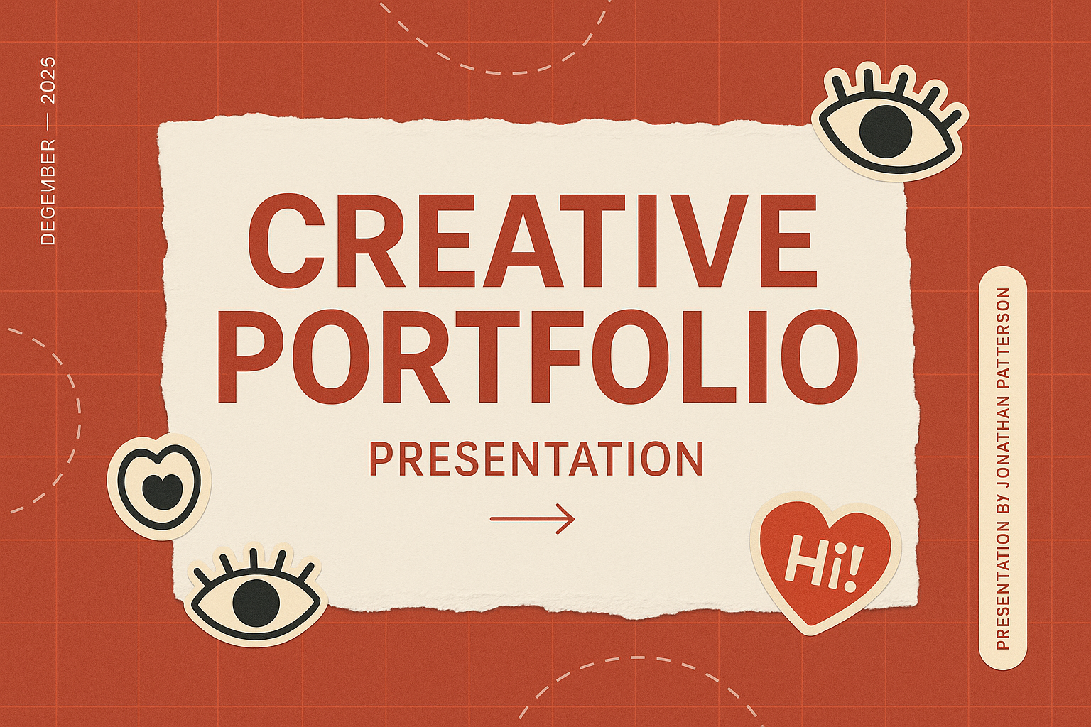 Creative portfolio cover — terracotta collage, stickers, torn paper title Creative Portfolio, design student layout.