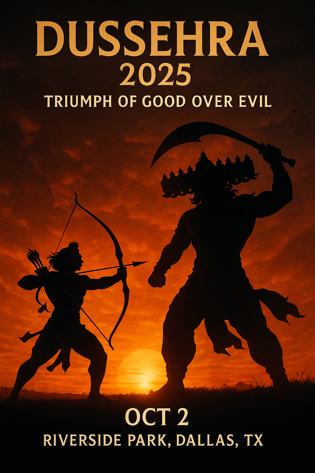 Rama vs Ravana silhouette fight at sunset, 'Dussehra 2025 – Triumph of Good Over Evil, Oct 2, Riverside Park, Dallas, TX'.