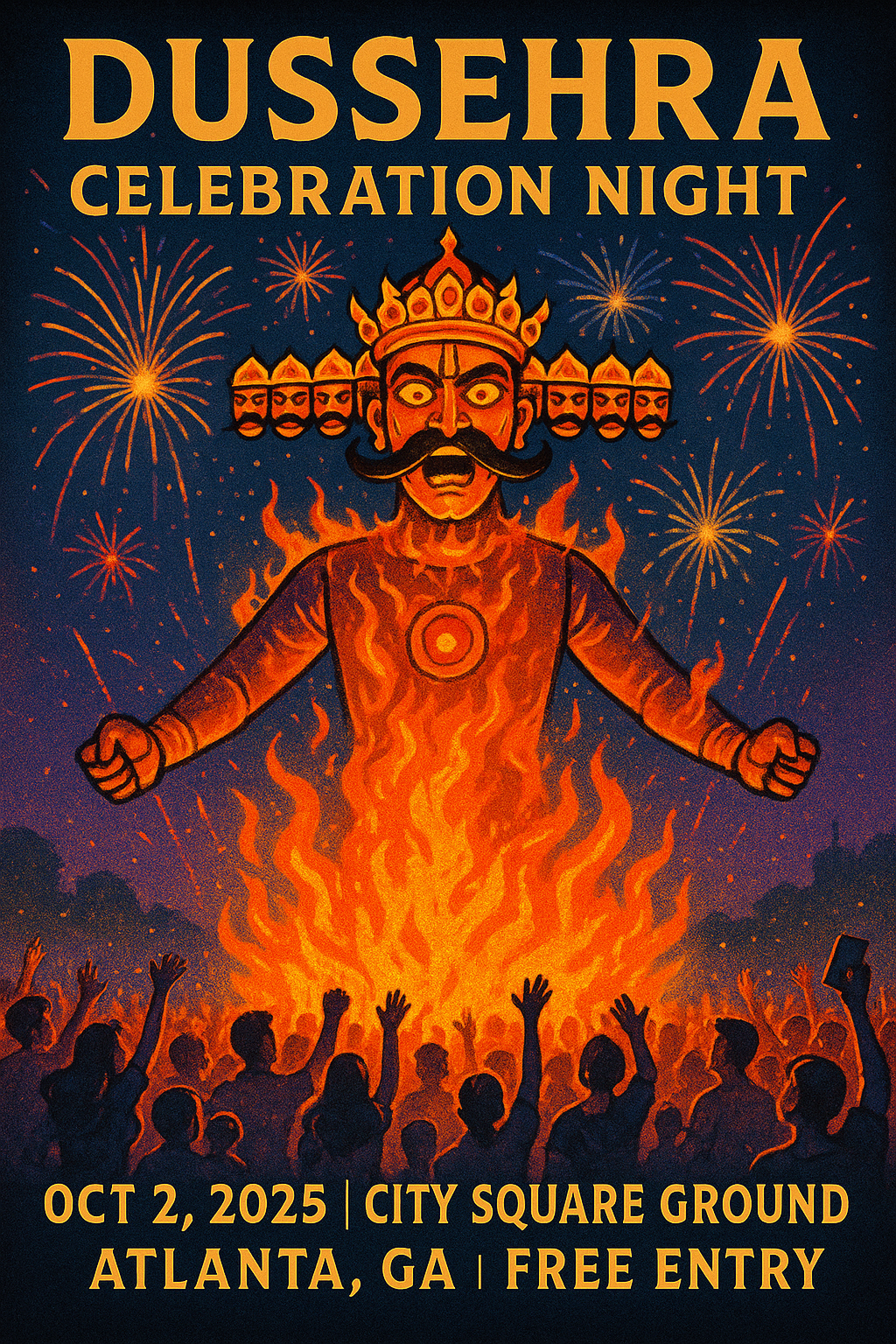 Burning Ravana effigy with fireworks and festive crowd, 'Dussehra Celebration Night, Oct 2, 2025, Atlanta, GA'.