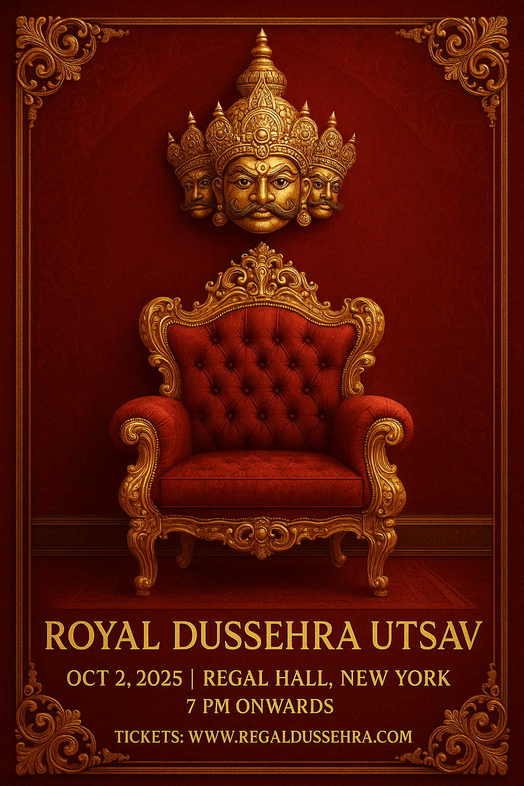Golden throne with Ravana's crown, luxurious red and gold style, 'Royal Dussehra Utsav – Oct 2, 2025, Regal Hall, New York'.