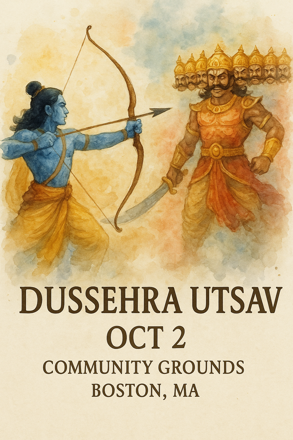 Watercolor Rama shooting arrow at Ravana, 'Dussehra Utsav – Oct 2, Community Grounds, Boston, MA'.