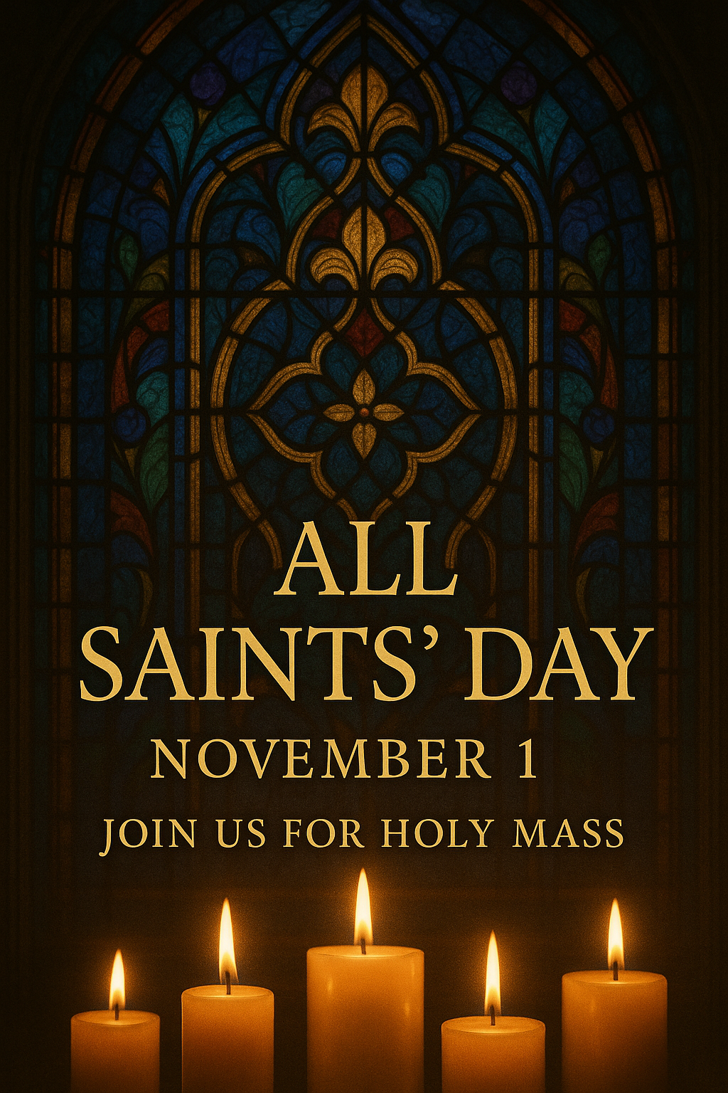 All Saints’ Day poster with stained-glass, candles, and golden text