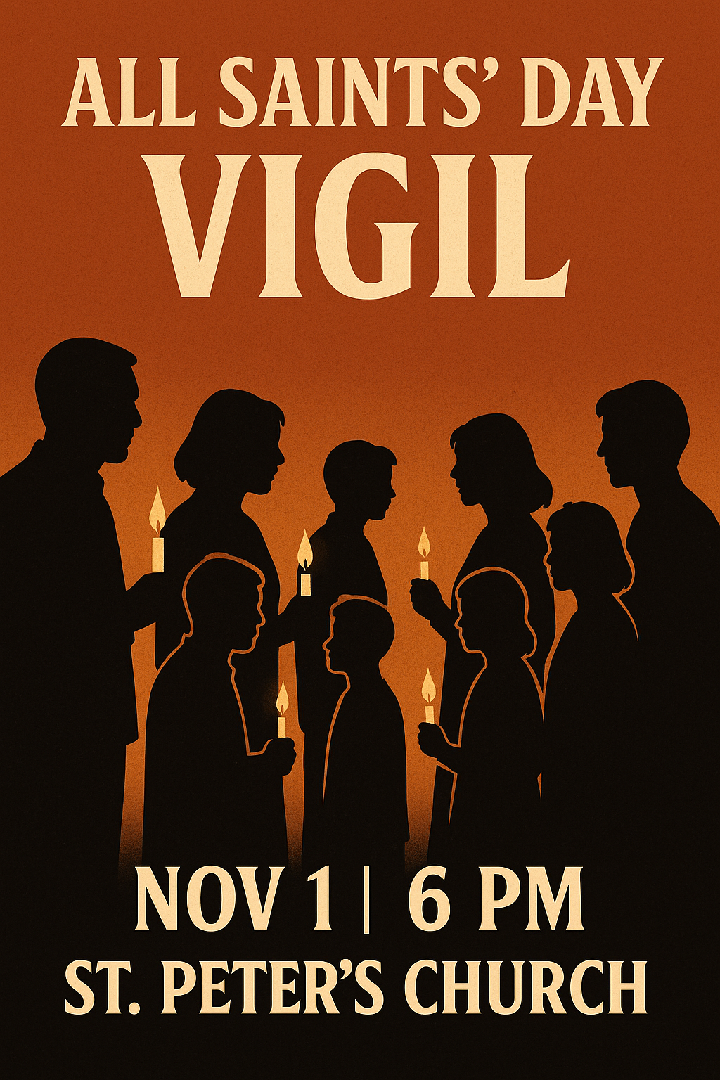 All Saints’ Day Vigil poster with silhouettes holding candles and bold event details