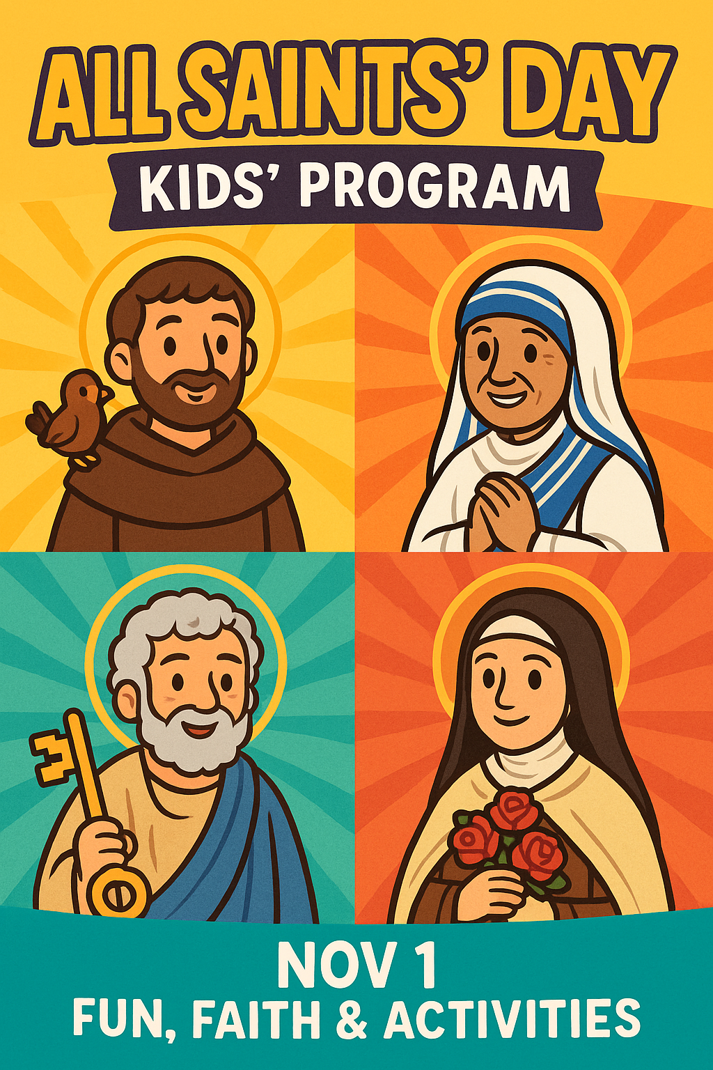 Kids’ All Saints’ Day poster with cartoon saints and bright colors
