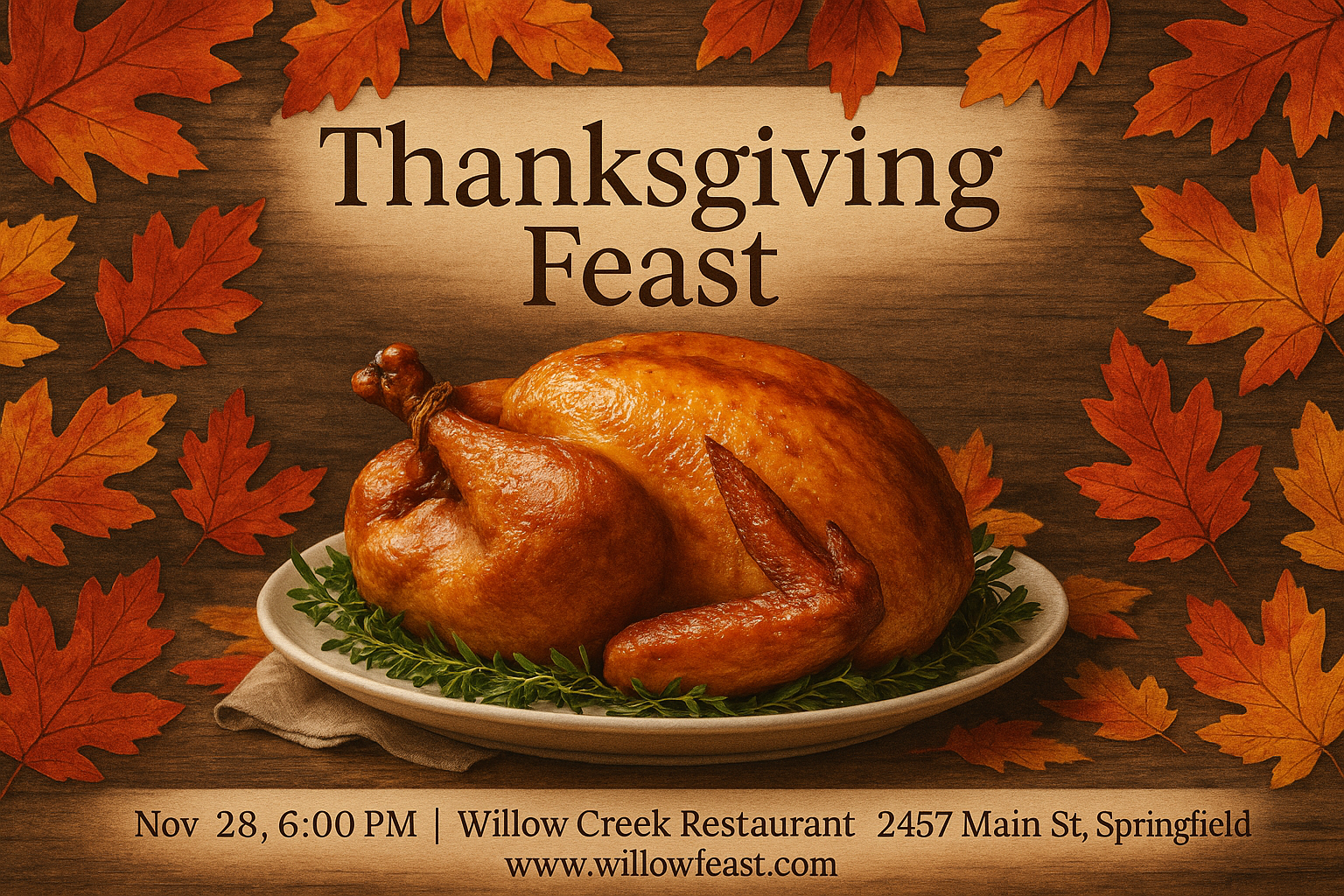 Thanksgiving Feast card – turkey centerpiece, rustic table, autumn leaves, event details