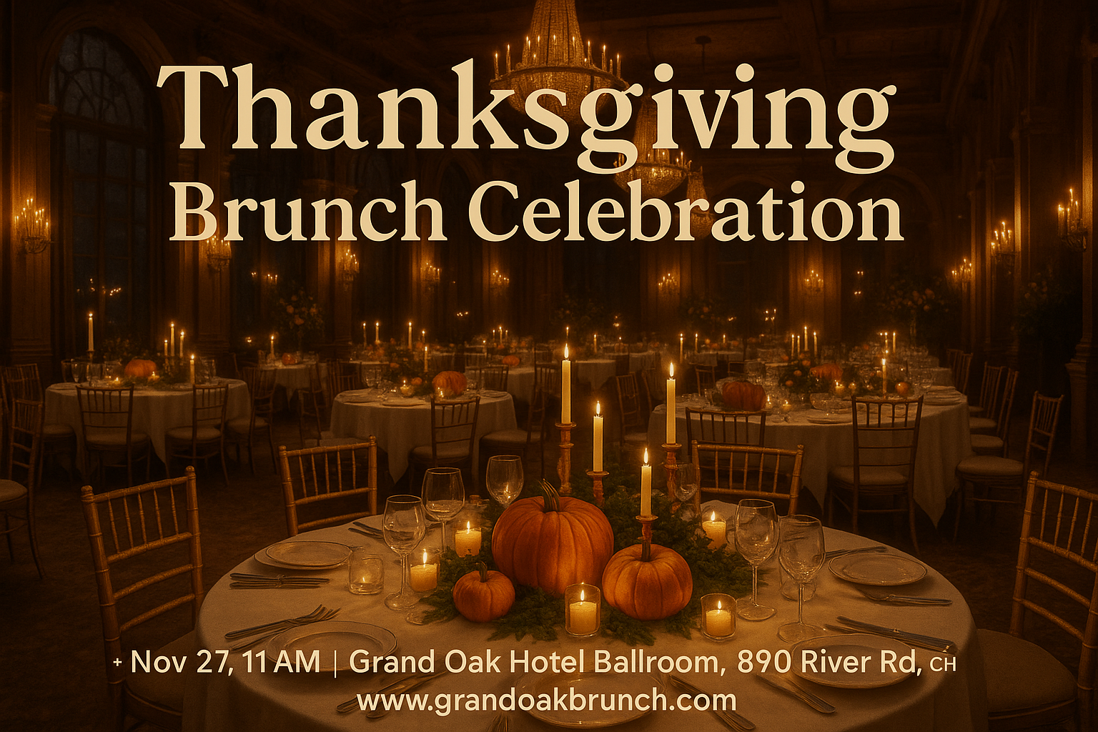 Thanksgiving Brunch Celebration – hotel dining hall, pumpkins, candles, event details