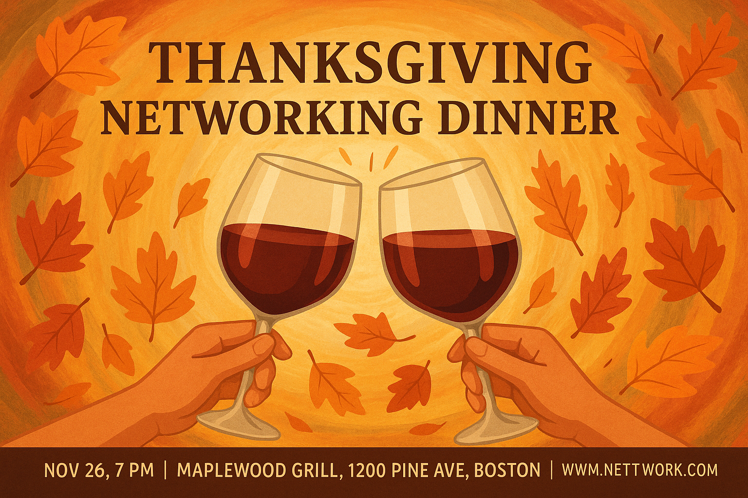 Thanksgiving Networking Dinner – wine glasses, autumn swirl backdrop, event details