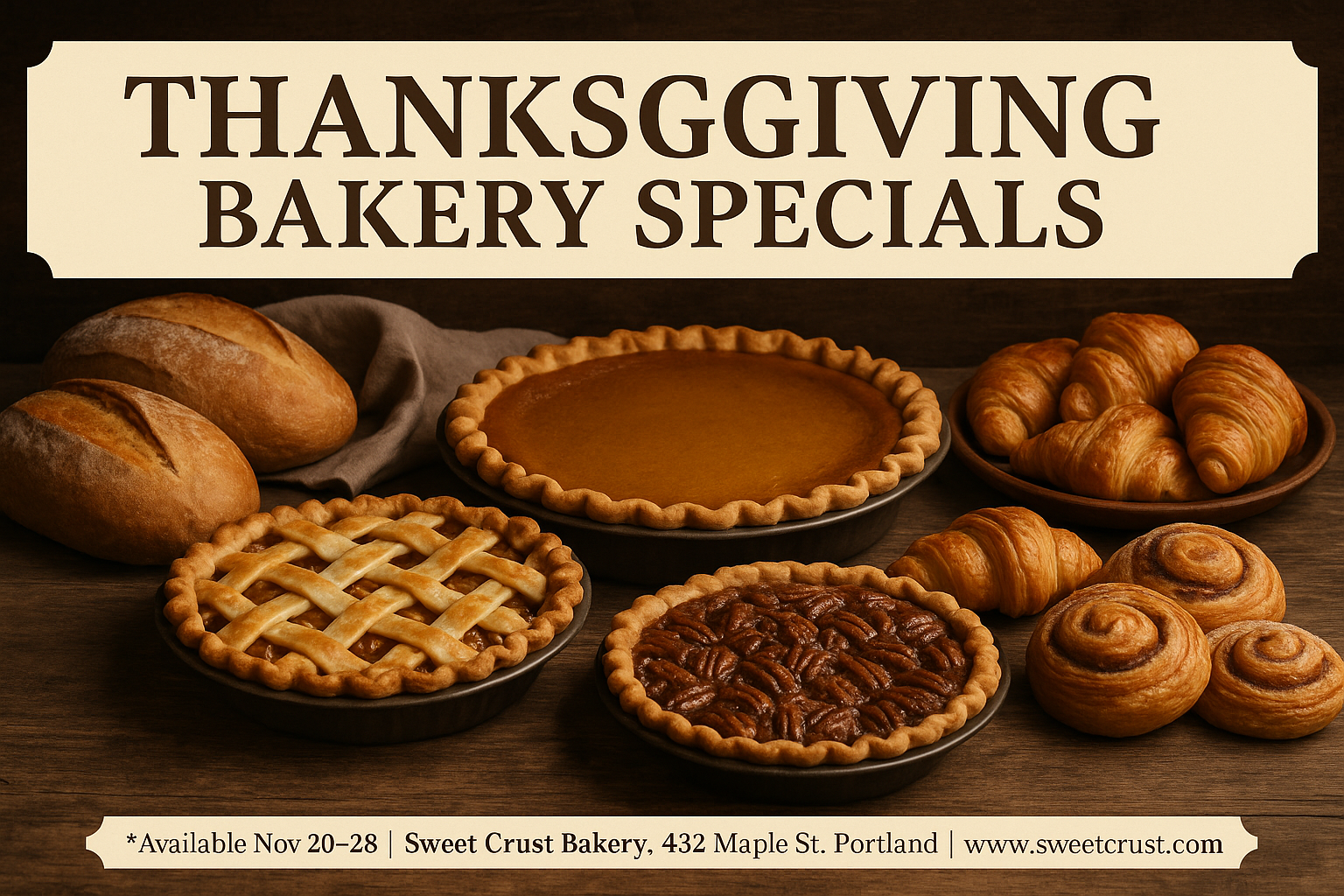 Thanksgiving Bakery Specials – pies, pastries, rustic bakery, event details