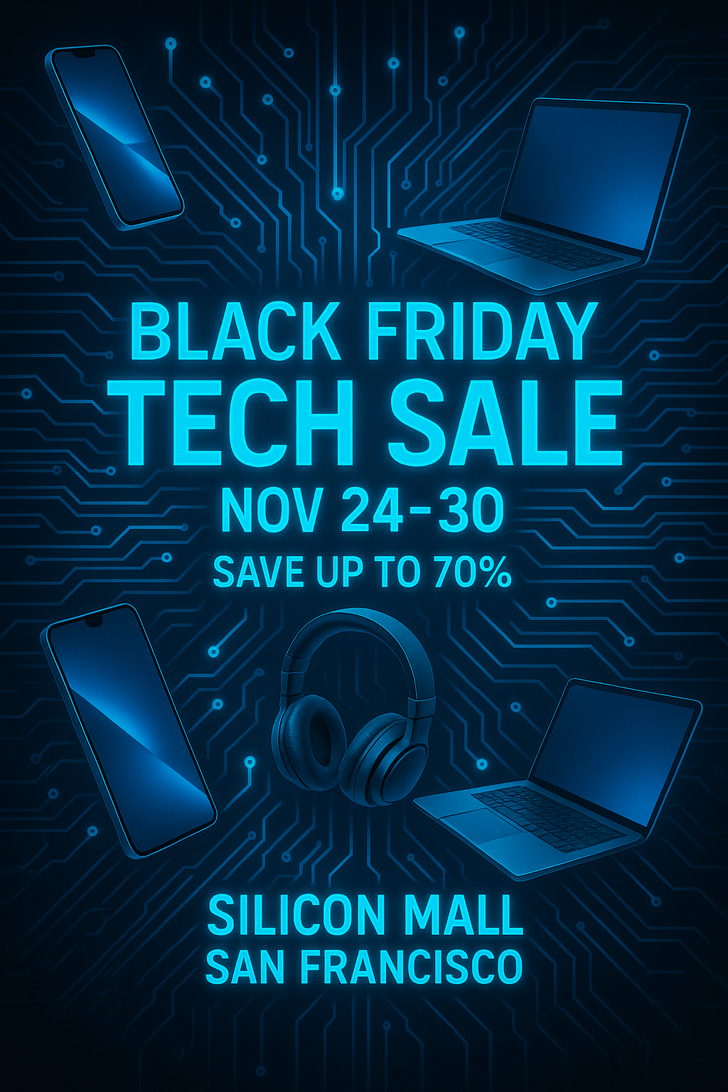 Black Friday Tech Sale poster – futuristic electric blue tech theme