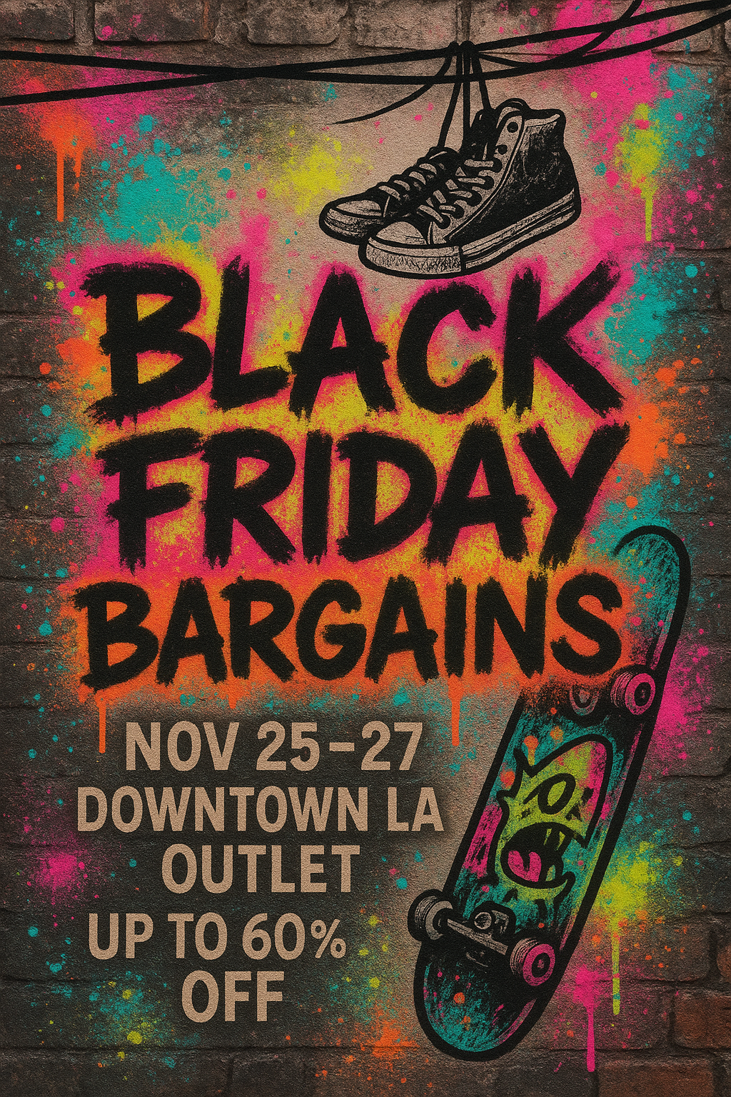 Black Friday Bargains poster – graffiti, sneakers, neon urban design