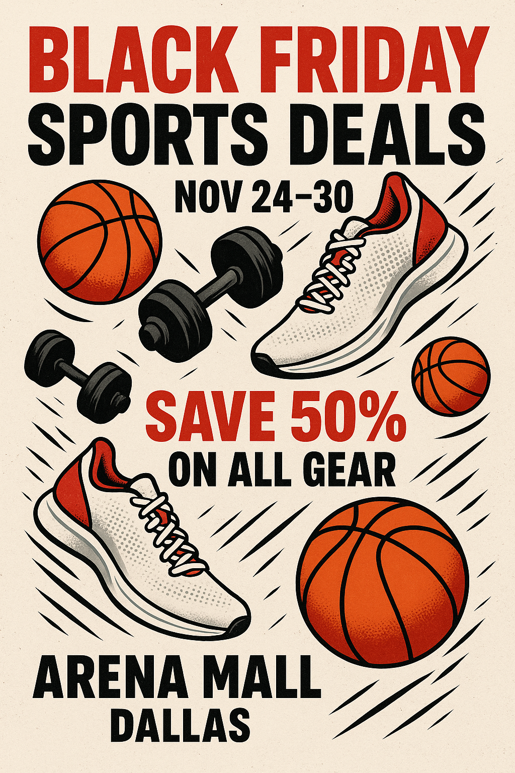 Black Friday Sports Deals – dynamic red-black poster with athletic gear