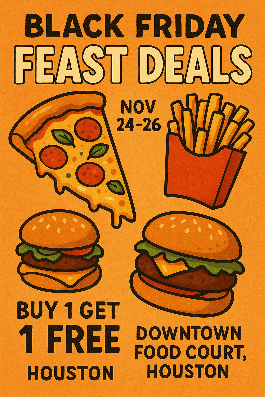 Black Friday Feast Deals – warm illustrated poster with burgers and pizza