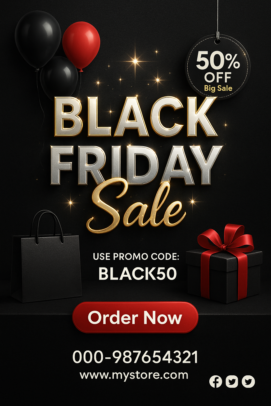 Luxury Black Friday flyer with gold 3D text, balloons, and promo code details