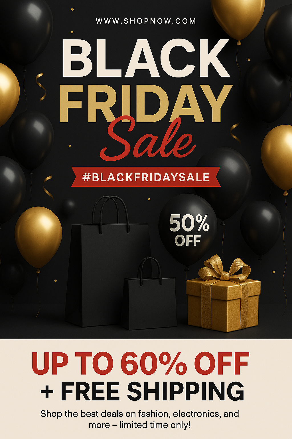 Sleek Black Friday flyer with gold balloons, bold sale text, and modern promo details
