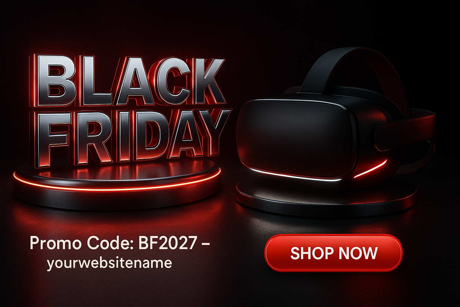 Futuristic 3D Black Friday tech sale ad with VR headset and metallic text